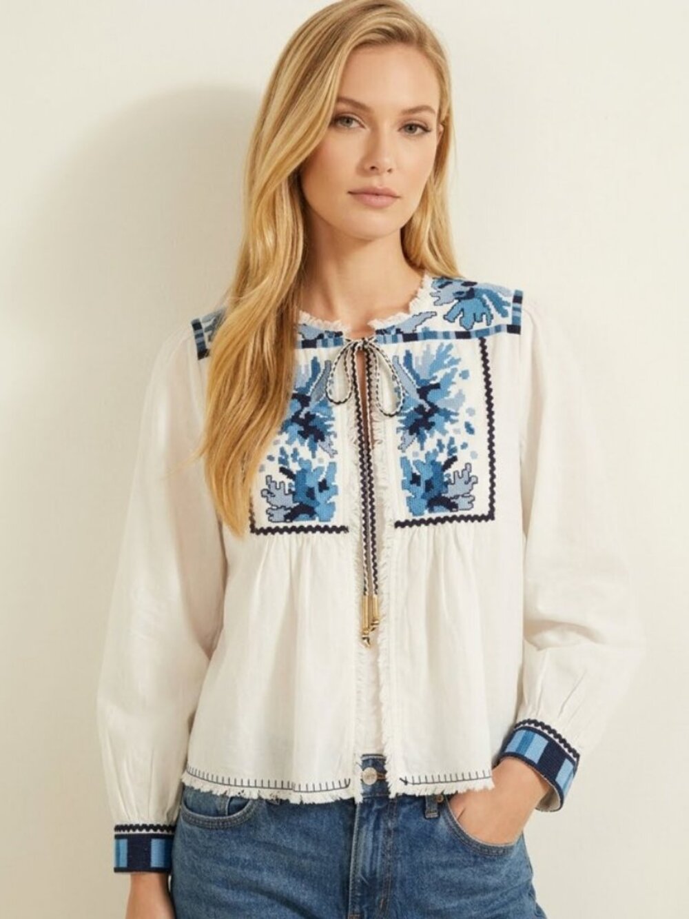 Zara Embroidered Boho Jacket Blouse White Blue Tie-Neck Top XL